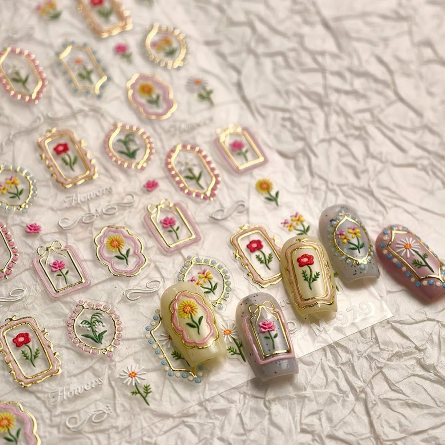 Flower Nail Decals Embossed Summer Tulip Nail Art Stickers 5D Self-Adhesive Gold Pink Nail Stickers Floral Nails Designs Decals Summer Nails Decoration for Women Girls