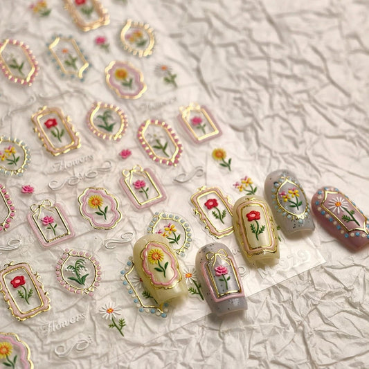 Flower Nail Decals Embossed Summer Tulip Nail Art Stickers 5D Self-Adhesive Gold Pink Nail Stickers Floral Nails Designs Decals Summer Nails Decoration for Women Girls