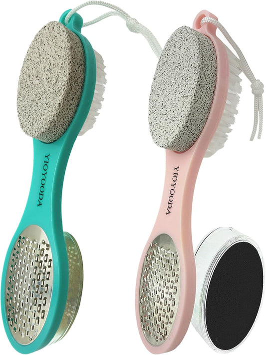 Foot File Callus Remover 5-in-1, 2 Pcs Feet Scraper Pedicure Tools with Pumice Stone, Scrubber Brush, Stainless Steel Foot Rasp and Sand Paper Debris Catcher, Multi Purpose, Pink Cyan