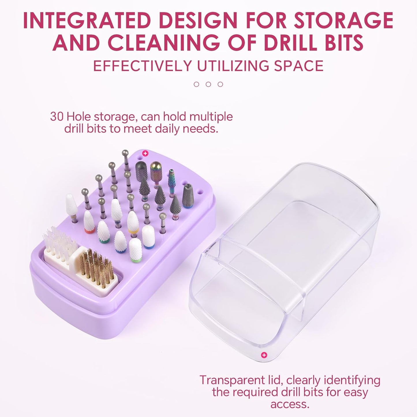 2 in 1 Nail Drill Bit Holder & Nail Drill Bit Cleaner Brush Case 30 Holes Dustproof Nail Drill Bit Display Stand Organizer Box Manicure Drill Bits Cleaning Brush Bits Storage Tool, Blue