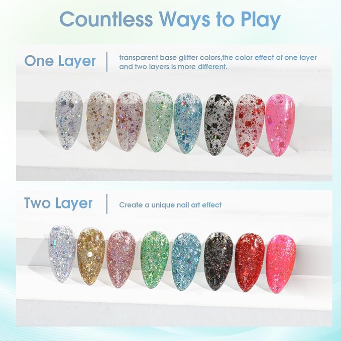 ROSALIND Glitter Sequins Gel Nail Polish, 8 Color Glitter Gel Polish Lightning Sparkle Effect Super Shiny Professional Soak Off UV Gels