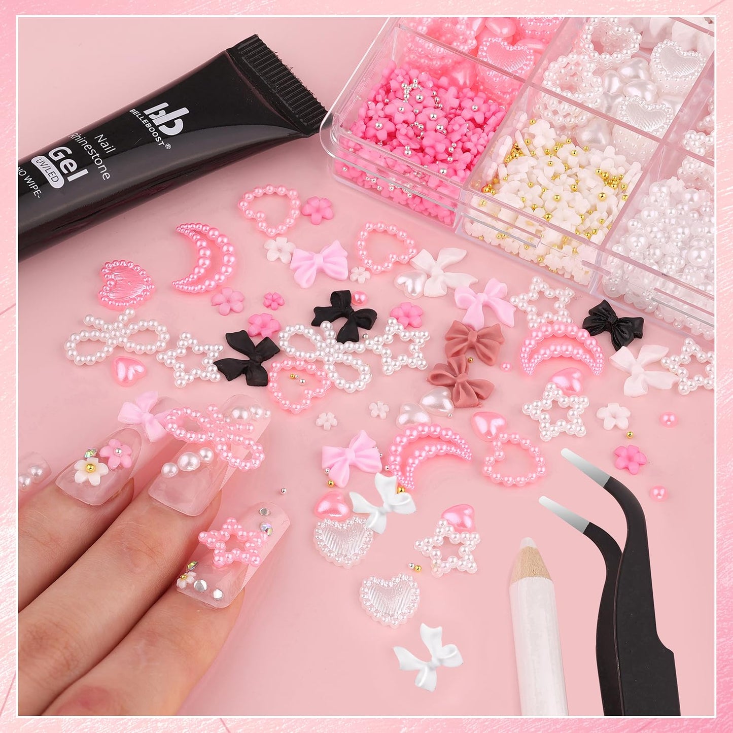 Chunky Nail Charms and Gems Set 2 with Rhinestone Glue, Girly Coquette Nail Charms + Assorted Pearl Bows Heart Star Moon + Cute 3D Flowers for Nails + Flatback Pearls with Tools for Kawaii Nail Design