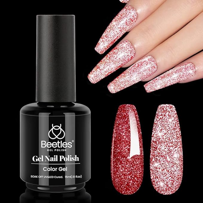 Beetles Red Gel Nail Polish - 15ml Sparkly Glitter Diamond Red Gel Polish for Girls & Women - Soak Off, UV Nail Lamp Included Christmas Gift for Women