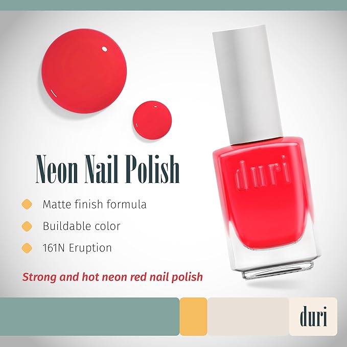 duri 161N Eruption Nail Polish, Neon Red Matte Finish, Full Coverage, Lasting, 0.45 Fl Oz