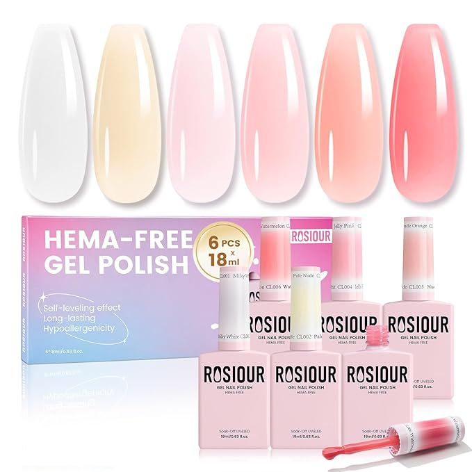 18ML Jelly Gel Nail Polish Set 6 Colors, HEMA-Free Milky White Clear Nude Pink Shades Soak Off Gel Polish Kit for Long-Lasting Nail Art, Translucent Gel Nail Kits For Home Salon & DIY