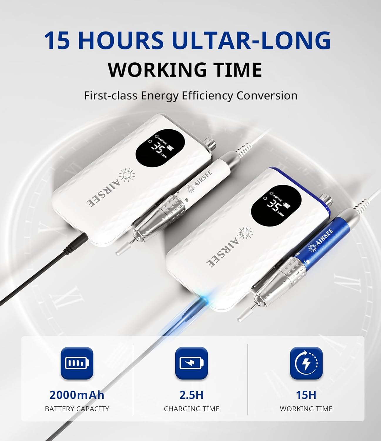 AIRSEE 35000 RPM Professional Electric Rechargeable Nail Drill File Machine for Acrylic Extension Gel Dip Powder Powerful Cordless Portable Efile 56 Sanding Bands 7 Bits LCD Scrn Salon Manicure Use G7