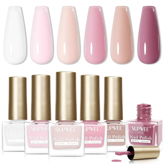 Nude Nail Polish Set,6 Colors Quick Dry Regular Natural Nail Polish White Light Pink Winter Neutral Color Fingernail Polish Nail Lacquer High Glossy Nail Manicure DIY Salon Gift for Women Girl