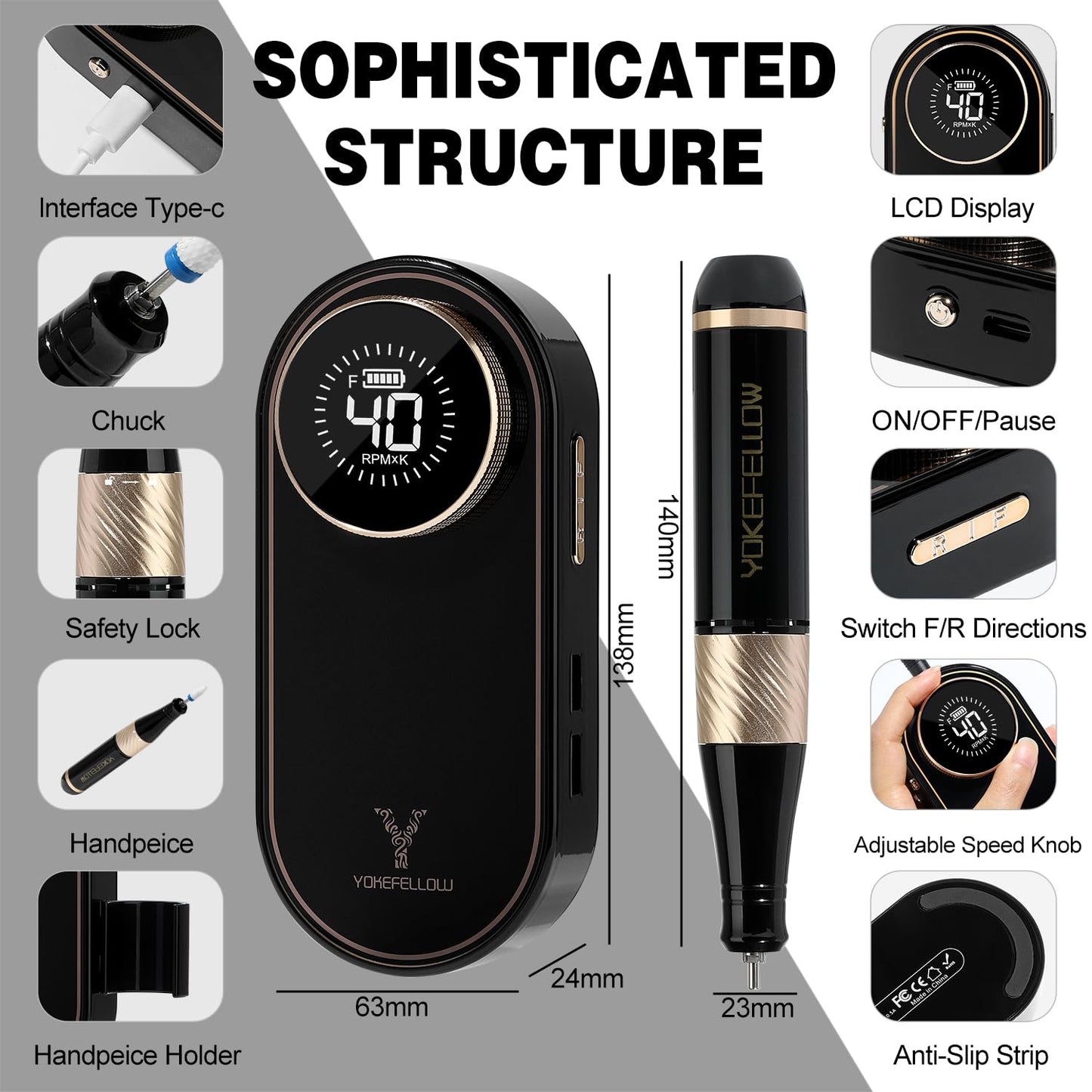 YOKE FELLOW Electric Nail File - Nail Drill Machine for Acrylic Nail Kit with Nail Dust Brush for Dip Powder Manicure Pedicure 40000RPM Rechargeable Nail Drill Gift Set for Women