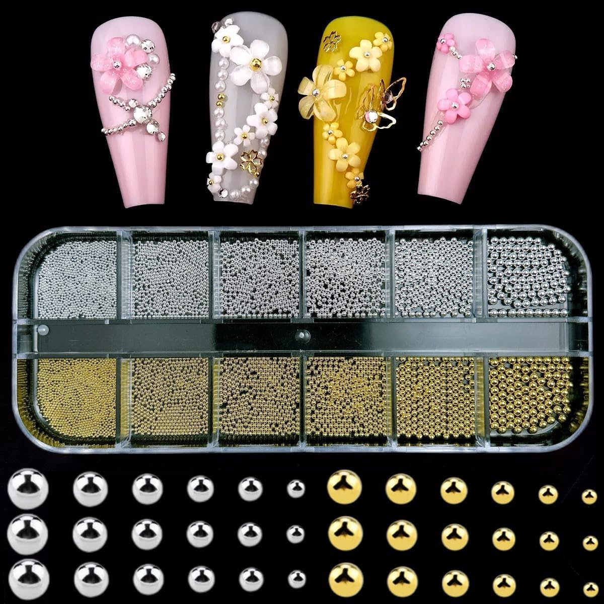 Mini Small Nail Beads Silver Gold Nail Charms and Gems Ball Metal Caviar Bead, Nail Chain for Nail Art Accessories Supplies Gold Rhinestones for Women Manicure 2