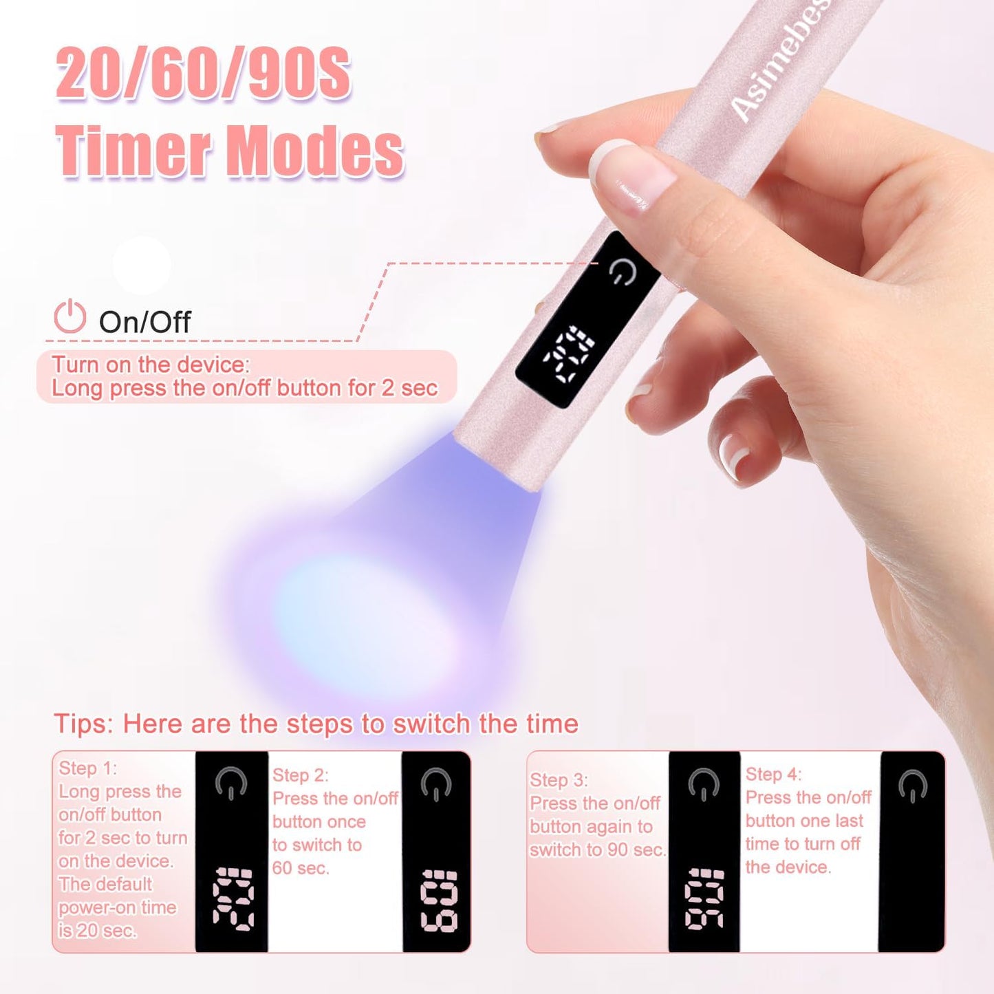 UV Light for Gel Nails, Mini UV Nail Lamp Hand held with Stand, Portable Small Nail Dryer Light for Gel Polish with 3 Timers, Rechargeable Cordless UV Light Nail for Fast Curing, Rose