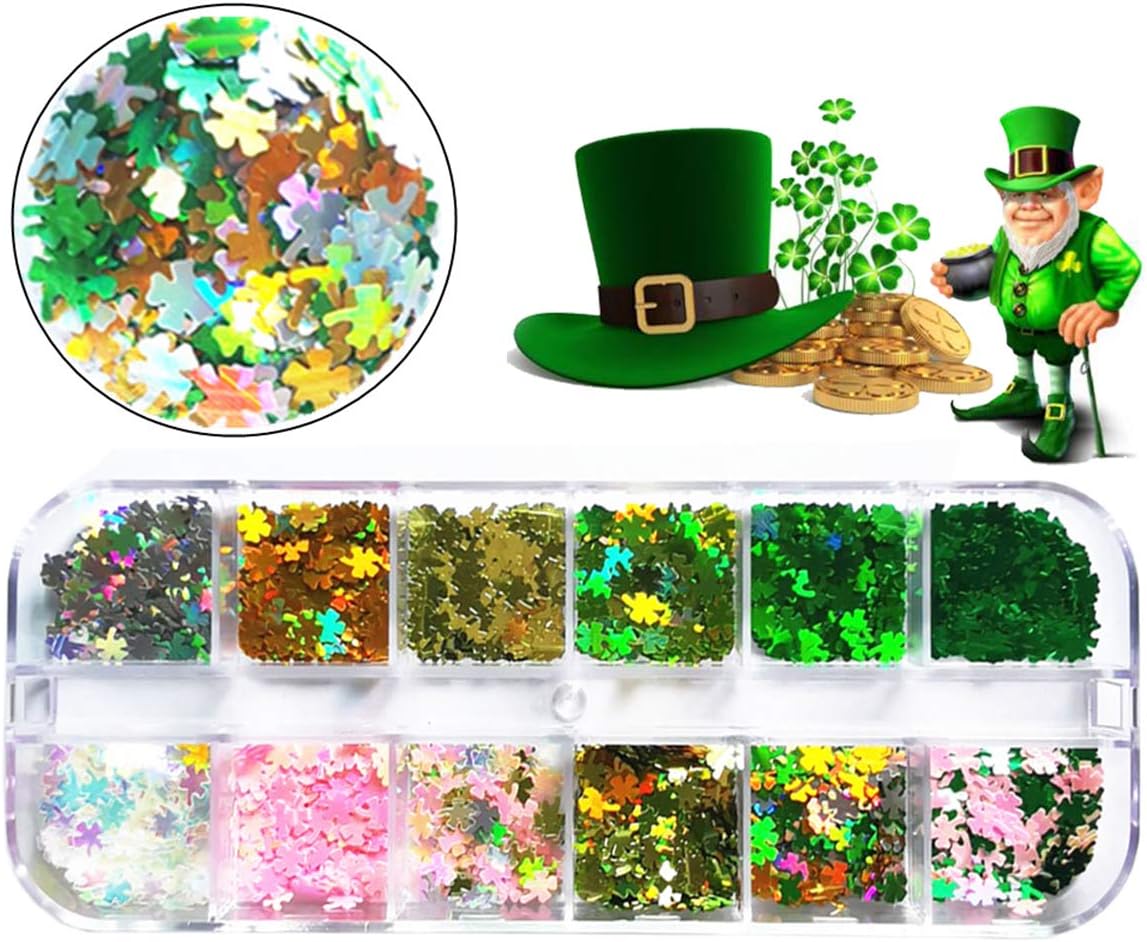 St. Patrick's Day Nail Art Glitters Green Clover Flakes Nail Sequins 3D Shamrocks Nail Art Glitter Design Holographic Leaf Sequin Nails Supplies Shine Lucky Nail Art Stickers Decorations DIY Crafts