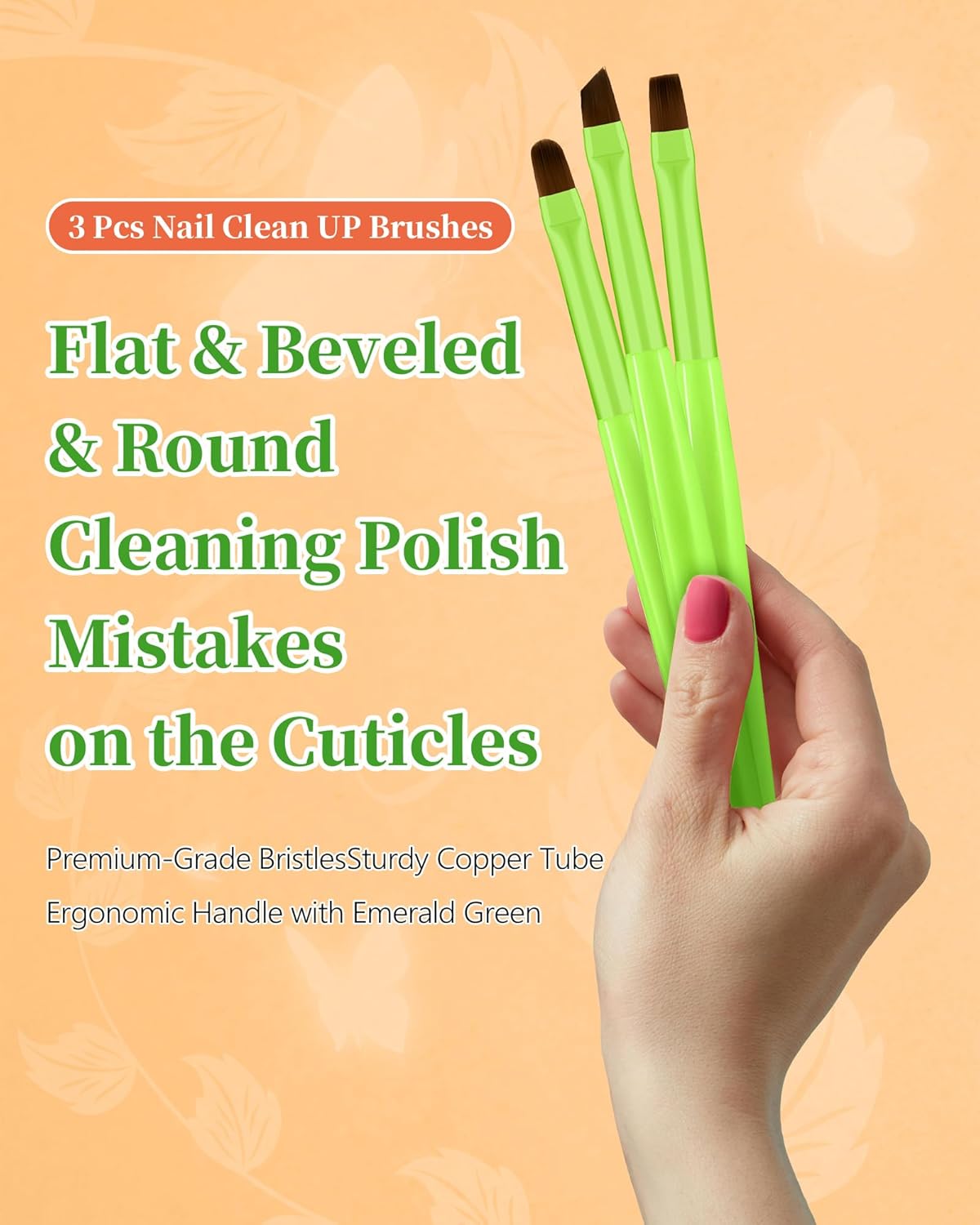 3PCS Nail Polish Clean Up Brush, Round&Falt&Angled Acetone Resistant Nail Brush for OPI Nail Polish Remover, Fingernail Cleaning Brushes at Home Nail Art and Designs(Bright Green)