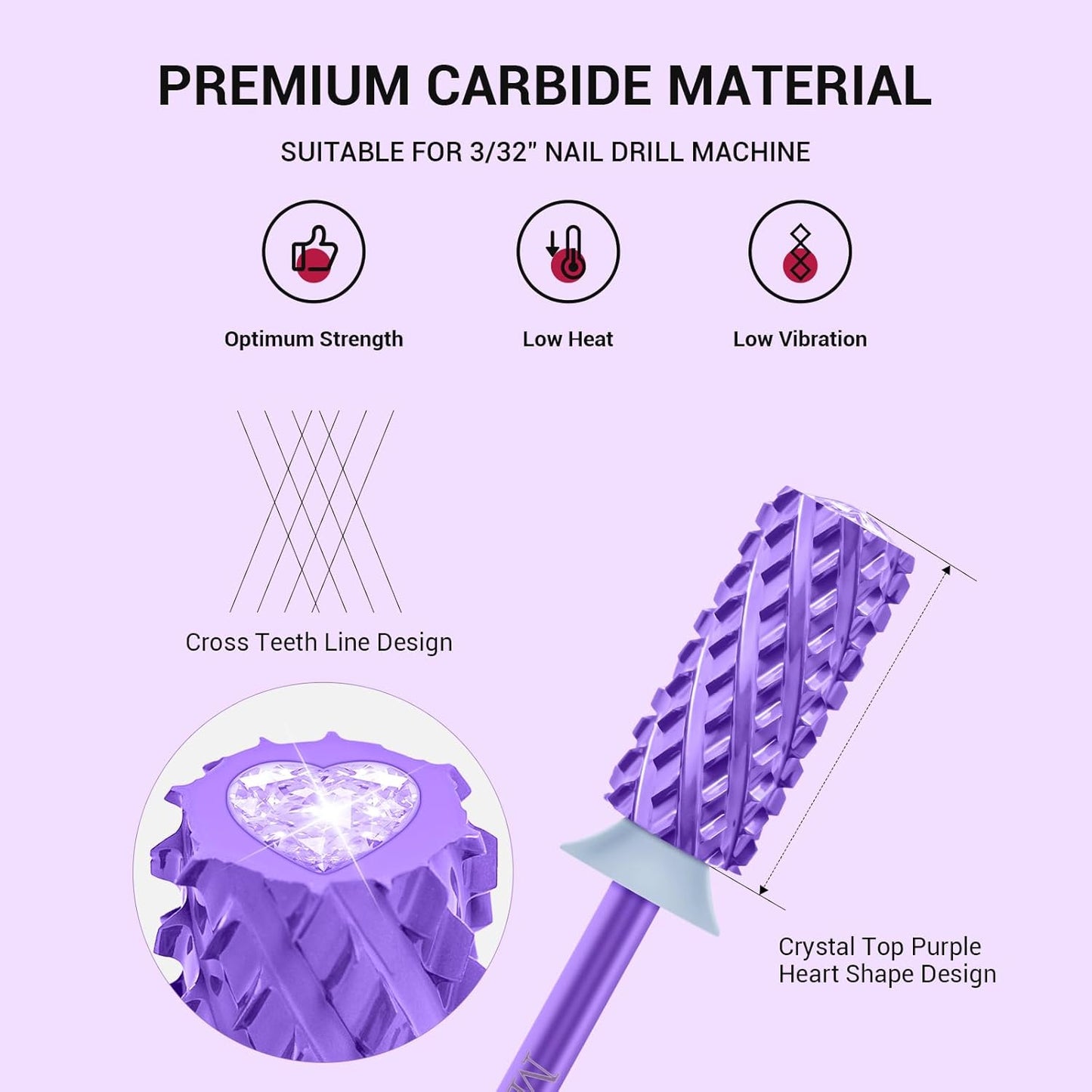 MelodySusie Large Barrel 3/32'' Tungsten Carbide Nail Drill Bit, Crystal Top Purple Heart Shape, Fast Remove Acrylic Gel, Cuticle Gel Polishing for Manicure Pedicure, Purple, Series Bit-S, 4XC