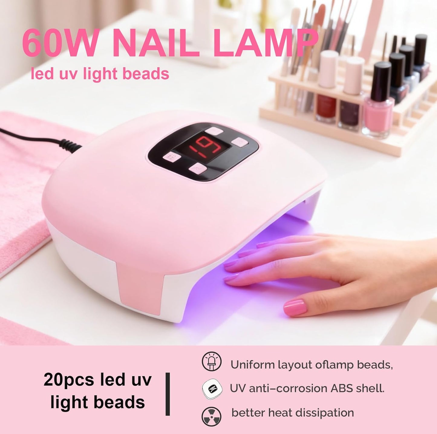 60W Mini UV LED Nail Lamp, 20 Beads Fast Curing Gel Polish Dryer with 4 Timers (30s/60s/90s/Constant On) & USB Port, Compact Professional Manicure Tool for Home Salon Travel