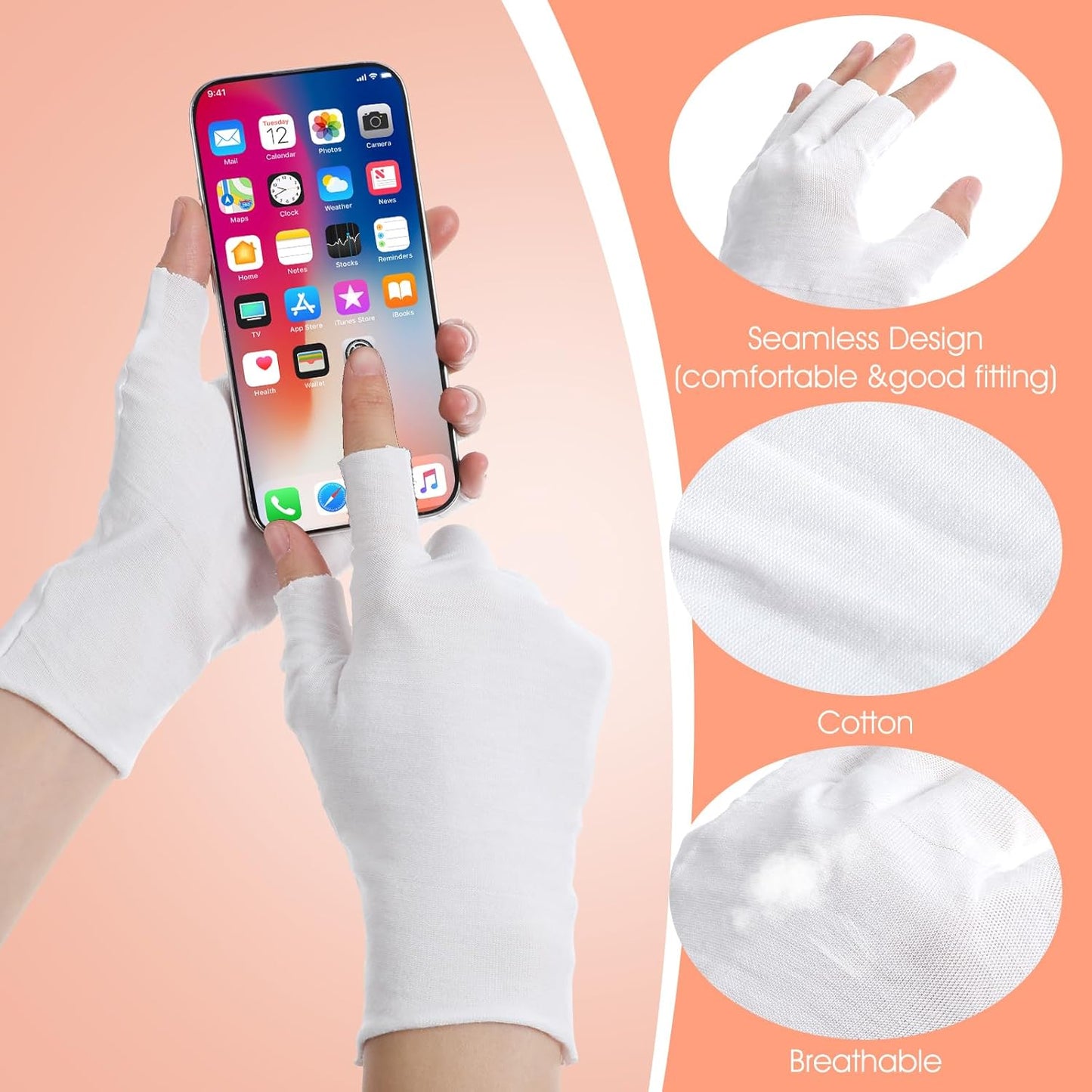 8 Pairs White Cotton Moisturizing Gloves Fingerless Touchscreen Moisturizing Gloves for Dry Hands Sleeping, 100% Cotton Quilting Glove, Size M, Eczema Glove for Men and Women 7.09×4.33 inches