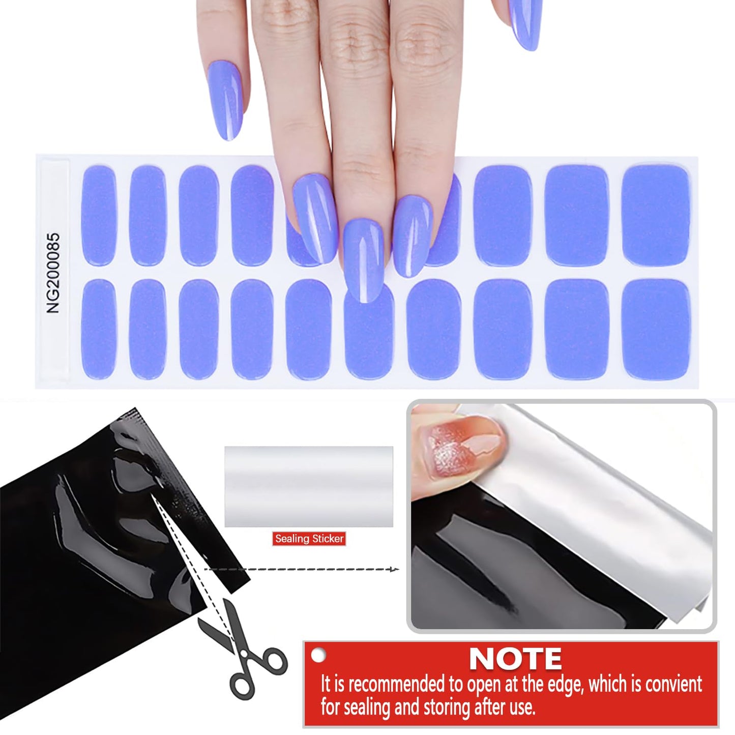 WOKOTO 20 Pcs Sky Blue Semi Cured Gel Nail Strips With Nail File & Wooden Stick, Solid Nail Polish Strips Gel Nail Stickers Full Nail Wraps For Women, Long Lasting Stick On Real Nail Polish Stickers