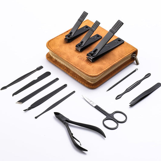 FAMILIFE Manicure Set, Professional Manicure Kit Nail Clipper Set Stainless Steel Pedicure Tools Kit with Leather Travel Case for Women Girl Men (Brown)