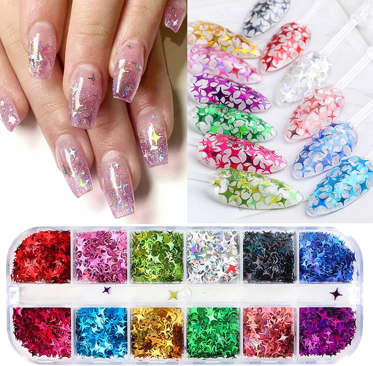 Stars Nail Art Glitter Sequins, 3D Stars Nail Glitter Flakes Design, Holographic Laser Star Acrylic Nails Supplies for Women Girls Manicure Sparkle Decorations, DIY Body Makeup Set(2 Boxes)