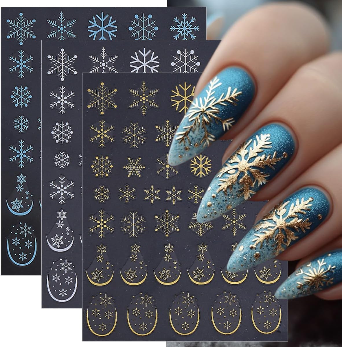 Christmas Nail Art Stickers 6 Pcs Snowflake Nail Stickers 3D Self-Adhesive Winter Nails Decals Blue Gold White Snowflake Nails Designs Stickers Holiday Nails Supplies for Women Xmas DIY Manicure Decor