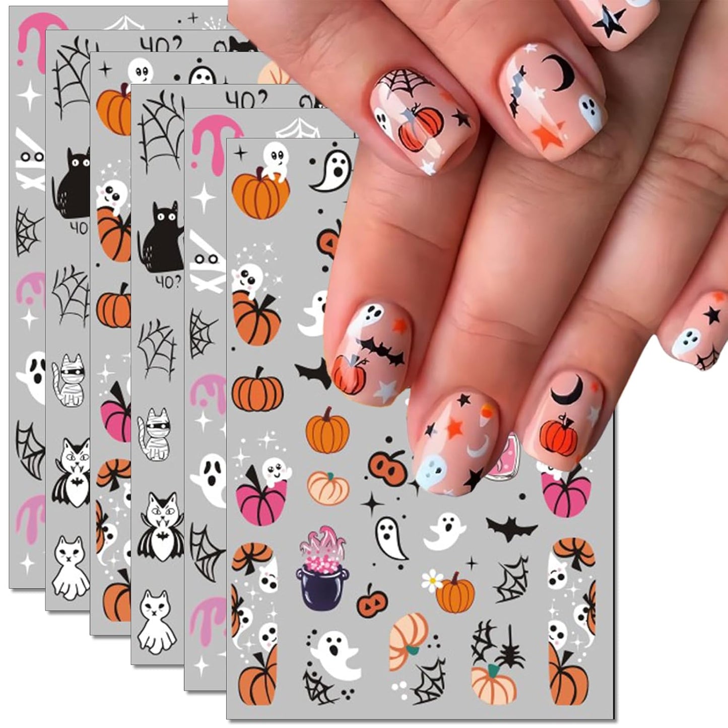 Halloween Nail Art Stickers, Pink Pumpkin Nail Decals, 3D Self-Adhesive Spider-Web Bat Design for DIY Nail Supplies Decoration (6 Sheets)