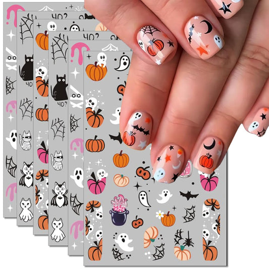 Halloween Nail Art Stickers, Pink Pumpkin Nail Decals, 3D Self-Adhesive Spider-Web Bat Design for DIY Nail Supplies Decoration (6 Sheets)