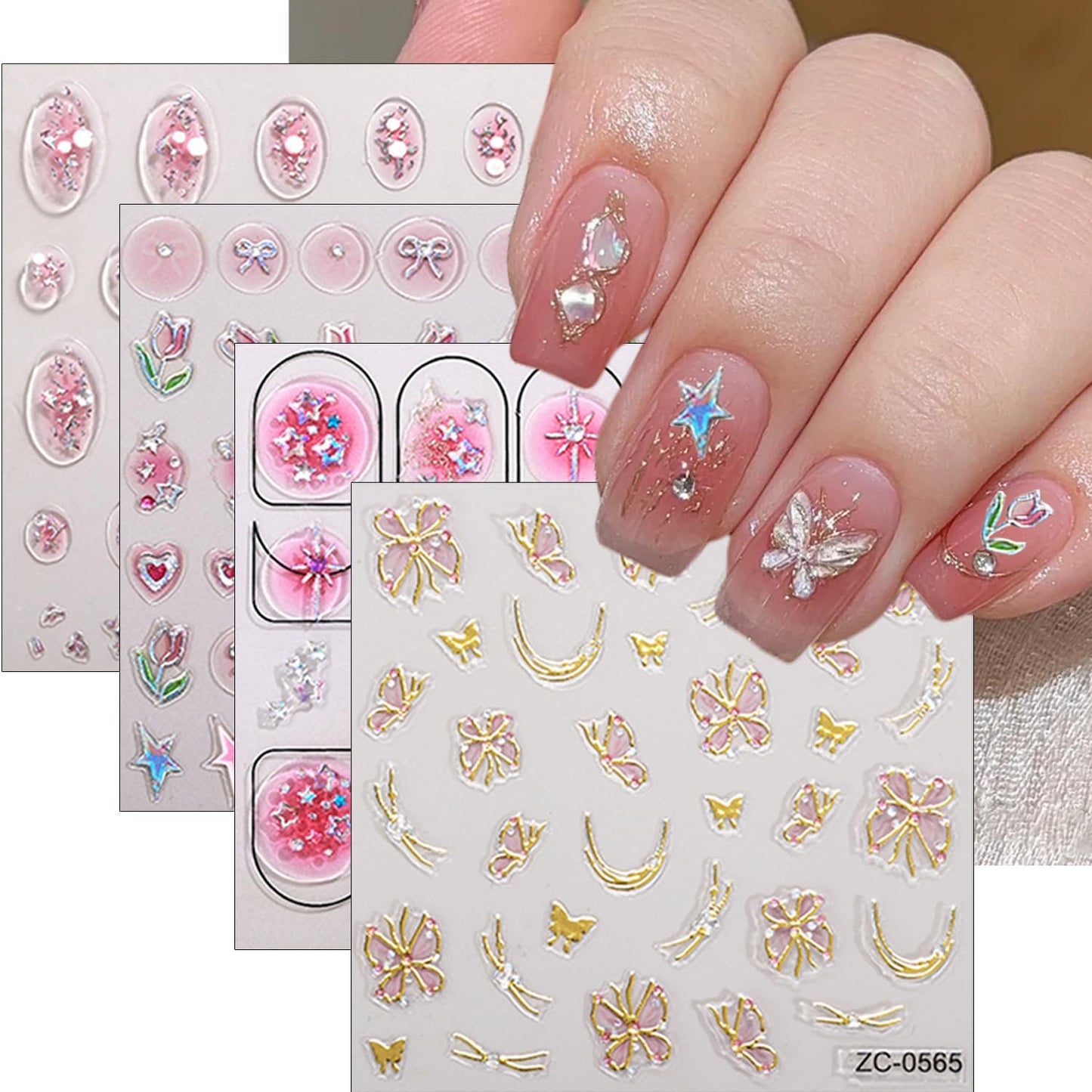 Cute Nail Art Stickers 3D Pink Tulip Flower Nails Decals Glitter Heart Bow Star Nail Stickers Gold Line Butterfly Nails Art Design Sticker Gradient Pink Manicure Supplies Decorations for Women 4Pcs
