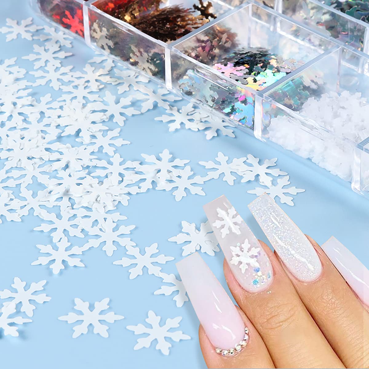 12 Grids 3D Laser Snowflake Nail Decals - Holographic Sequins, White Snow Glitter Shapes - Christmas & Winter Nail Art Stickers