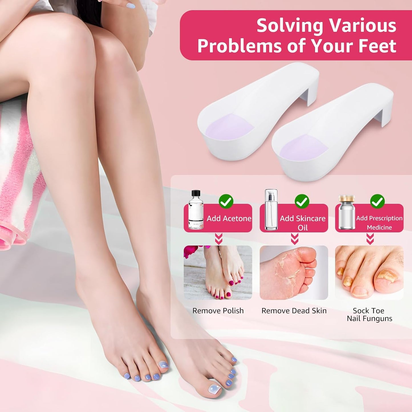 Toe Nail Soaking Bowl Acetone Proof: 1Pair Soak Off Dip Powder Gel Polish Remover - Manicure Bowl for Toenails Soaking with Cuticle Pusher, Cuticle Peeler, Nail File Buffer (White)