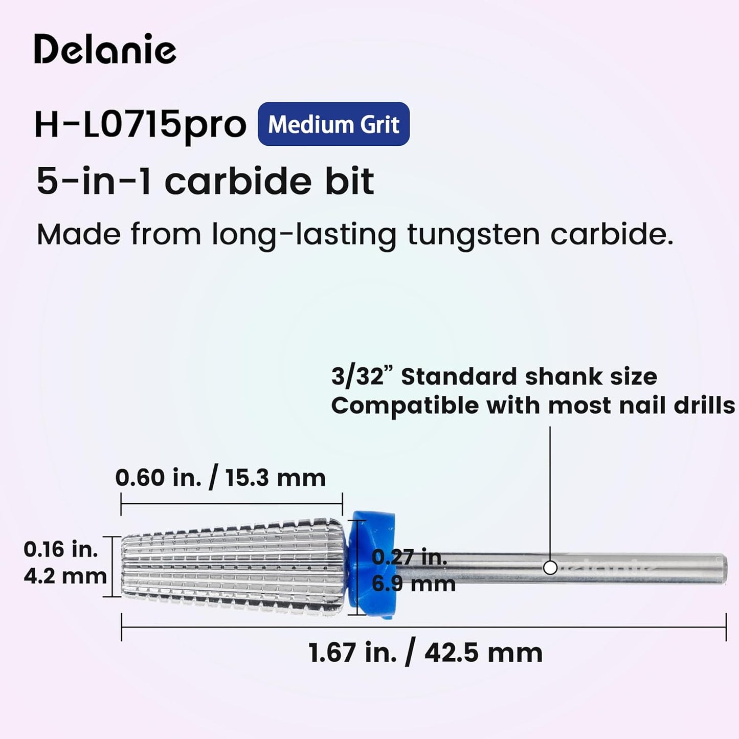 Delanie 5-in-1 Carbide Nail Drill Bit for Professional Nail Tech, 3/32", Medium Grit
