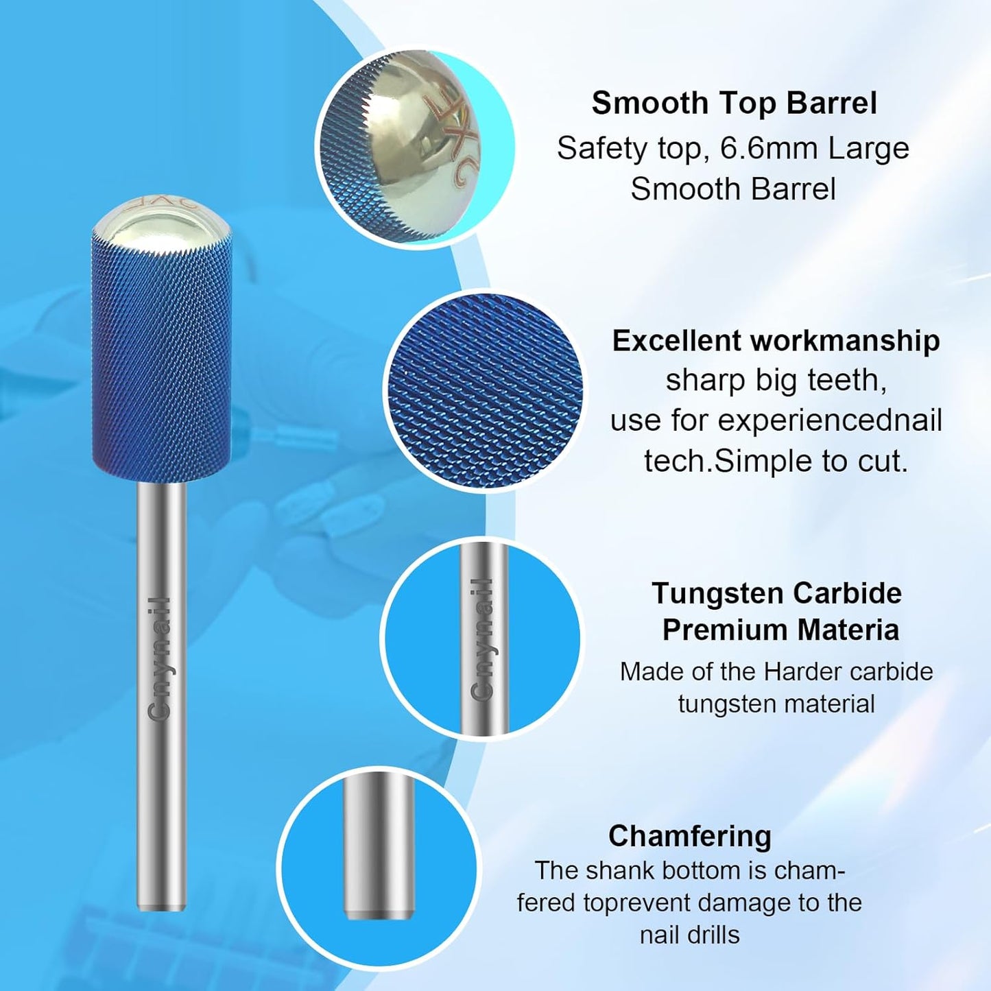 3/32" Large Barrel Smooth Round Top Tungsten Carbide Nail Drill Bit Safety Bit for Gel & Acrylic Removal, 2-Way Rotating Efile Tip, Salon Electric File Accessory (XXF Grit, Blue)
