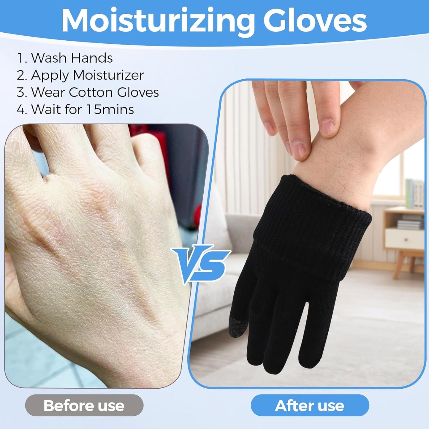 Donfri 10 Pairs Cotton Moisturizing Gloves Men Touchscreen Fingers for Eczema Dry Hands Hand Care Overnight Moisturizing (Large-Black)