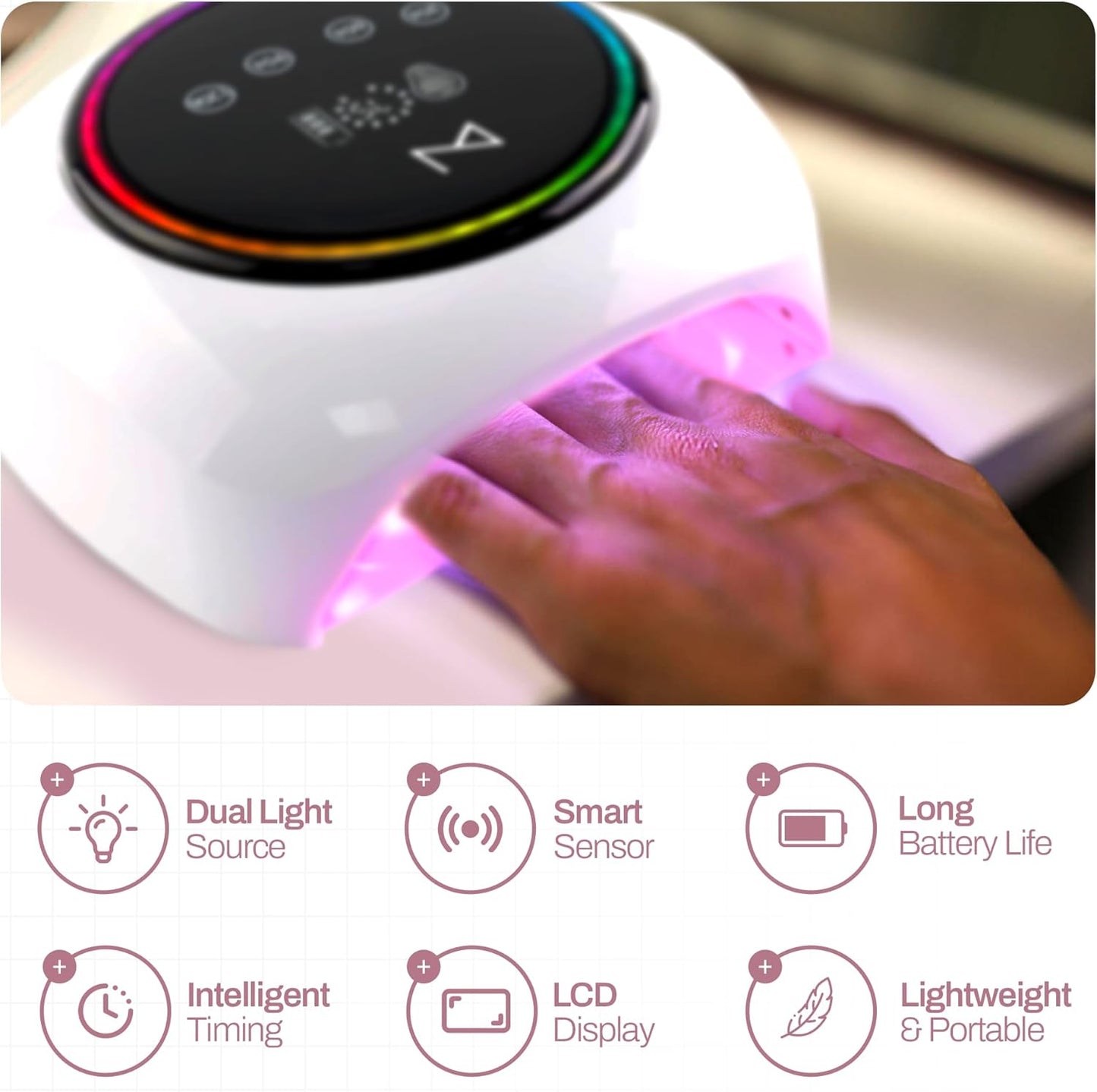 M - HaloLite LED Nail Curing Lamp 98W, 32 LEDs, Wireless Rechargeable with 5200mAh Battery, Fast UV/LED Gel Nail Dryer for Salon & Home Use, Long-Lasting, Portable, Cordless Design (Pink)