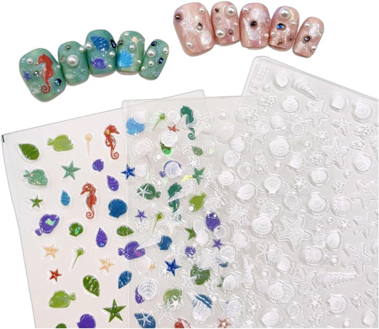 Summer Ocean Style 5D Embossed Dream Shell Starfish Jellyfish Beach Nail Stickers - DIY Nail Art Decorations for Summer Vacation A Set of 3 Sheets