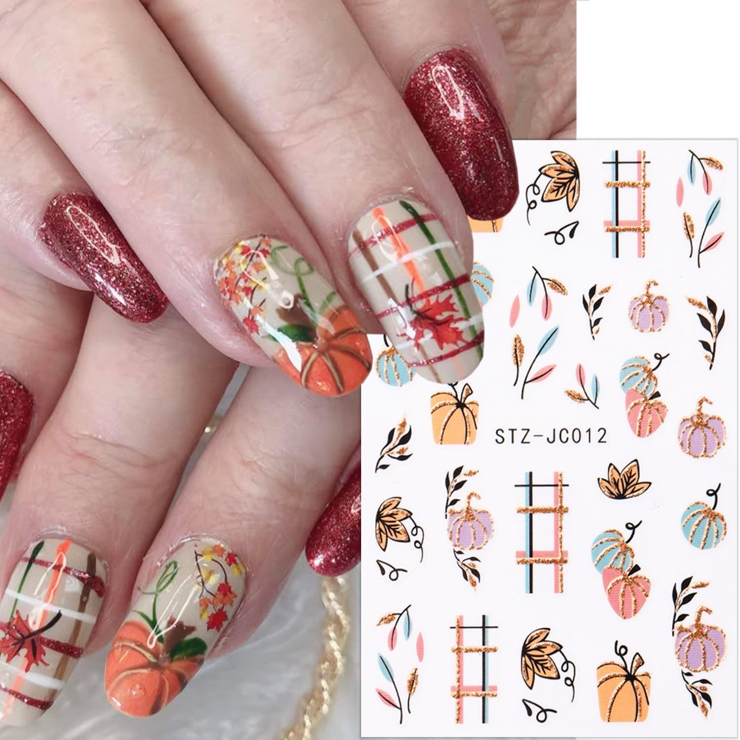 6 Sheets Fall Nail Stickers for Nail Art Orange Red Maple Leaves Nail Art Stickers Glitter Thanksgiving Pumpkin Nail Decals 3D Self-Adhesive Autumn Maple Leaf Nail Decoration for Women
