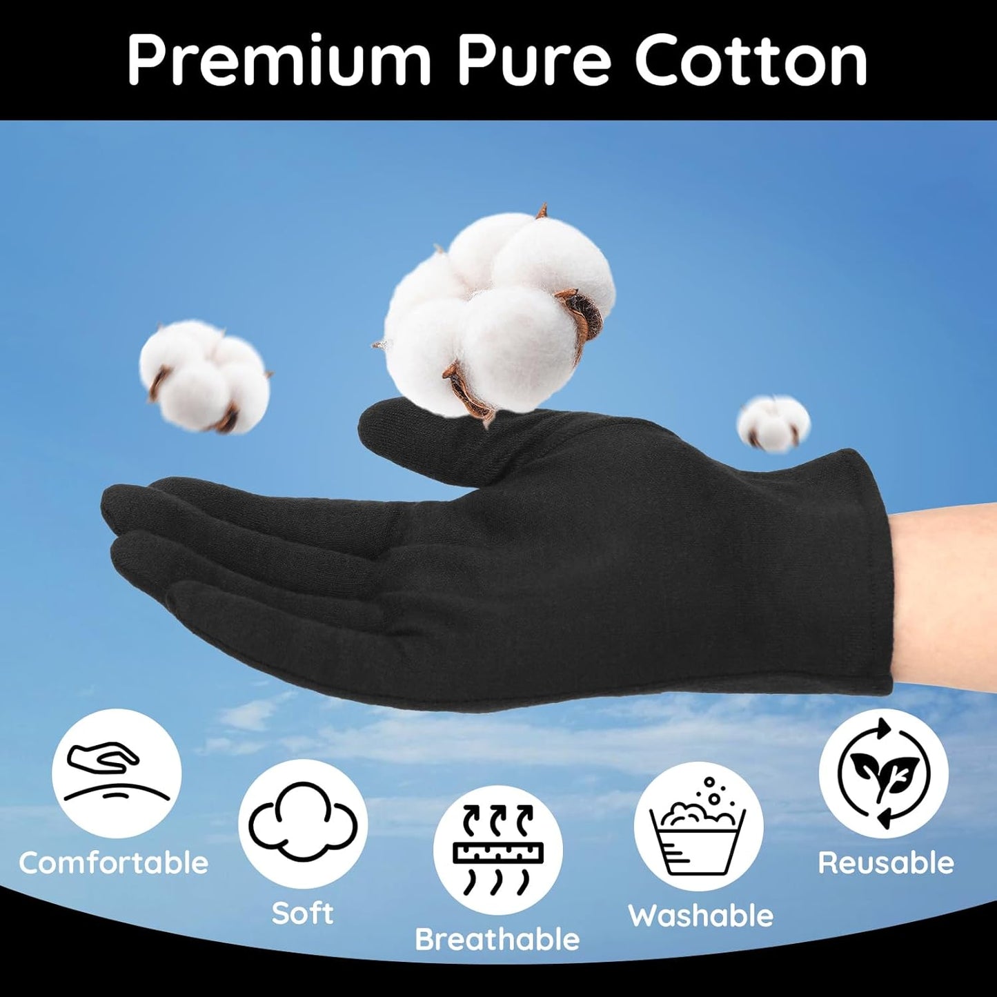 Segbeauty 24 Counts Black Cotton Gloves for Women, 12 Pairs Moisturizing Gloves for Sleeping, Work Cotton Glove for Dry Hands Overnight, Sleep Spa Reusable Lotion Glove Liners for Arts Driving Medium