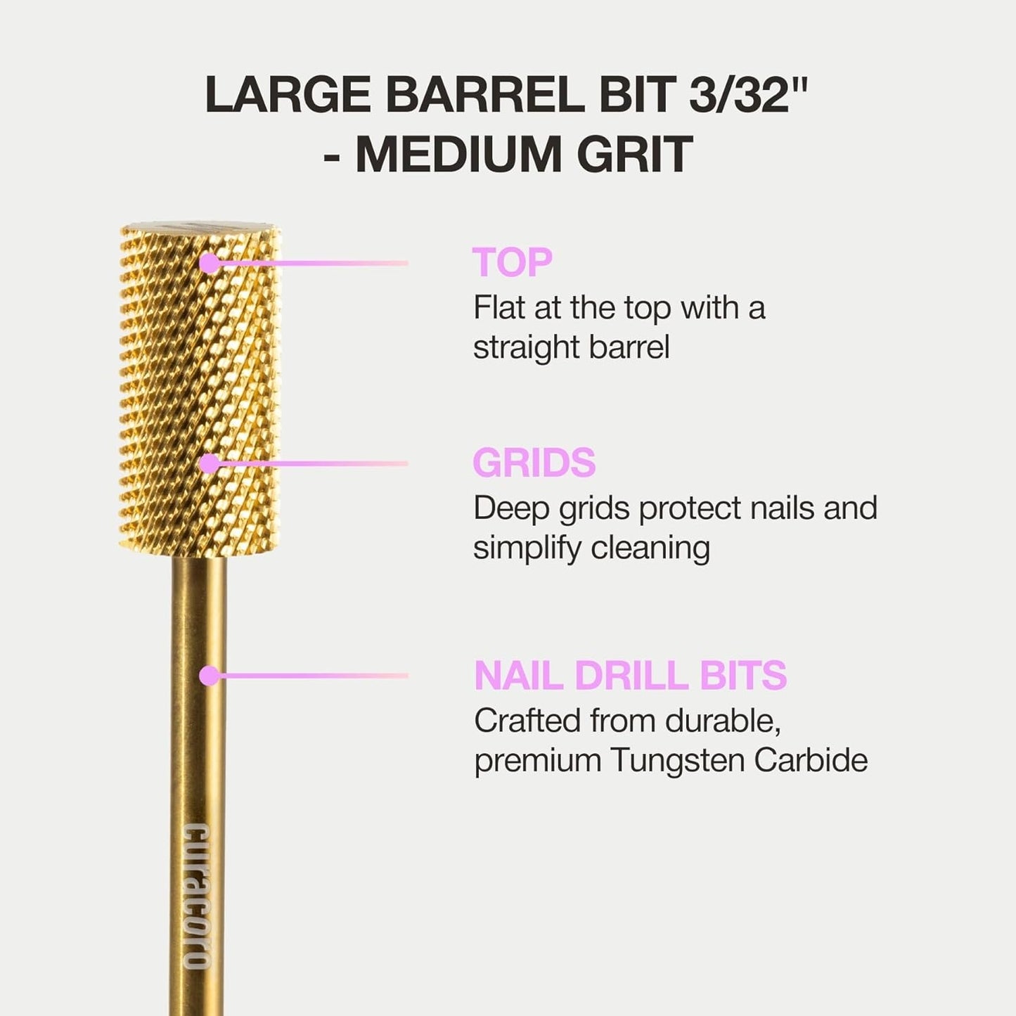 Curacoro Nail Drill Bits 3/32'' - Safe Smooth Stop Large Barrel Carbide Bit (Medium) for Professional Finish, Fast Remove, Refine & Smooth Acrylic or Gel Nails, Nail Art Pedicure Manicure Salon & Home