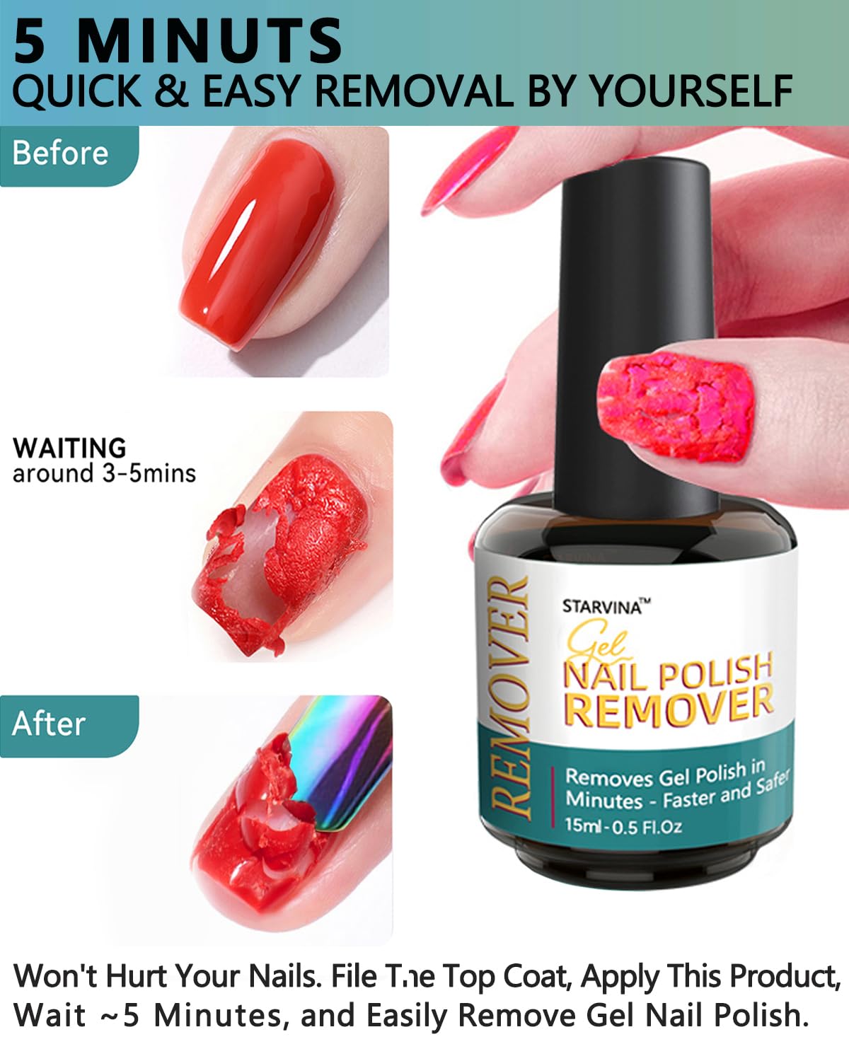 Gel Nail Polish Remover Kit, Gel Remover for Nails No Need Soaking or Wrapping, Easily and Quickly Removes in 3-5 Minutes, with Cuticle Pusher & Scraper