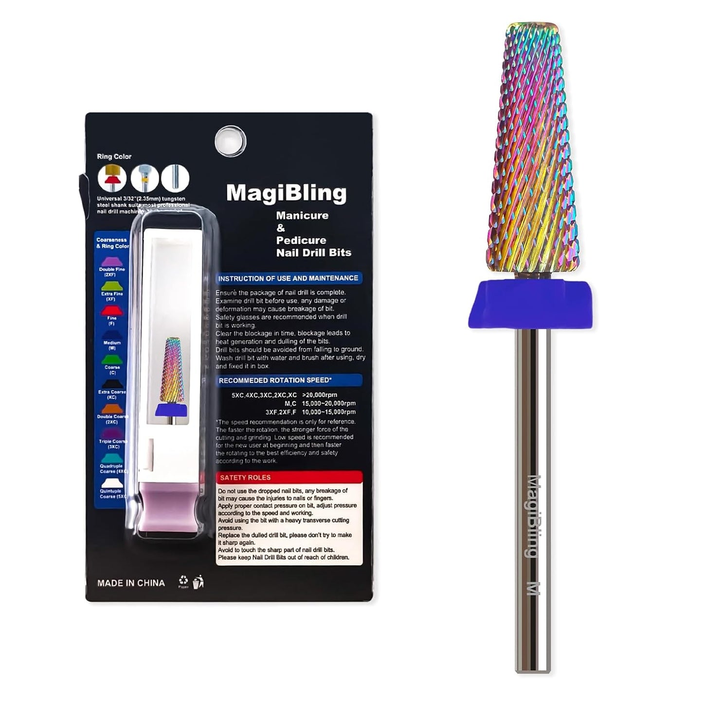 M 5 in 1 Nail Drill Bits, 16mm Tapered 3/32'' Professional Tungsten Carbide Bits for Efile, 2 Rotation for Electric Drill, Remove Thick & Soft Gel Fast, Manicure Cuticle Polishing, Techs Bits, Medium.