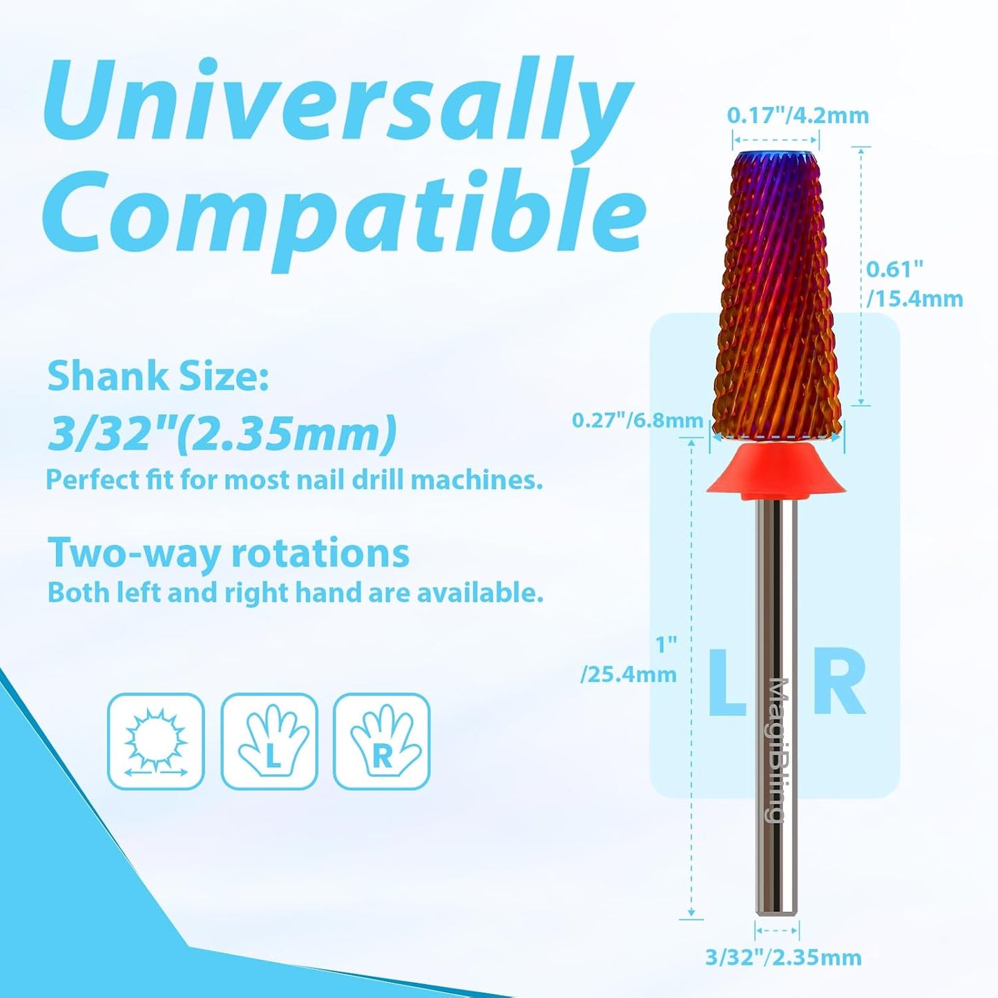 Professional Nail Drill Bits for New Artists, Cross Cut 3/32'' Safety Tungsten Carbide Tapered Bit, Remove Gel Fast, Left & Right Hand Use, Manicure Cuticle Soft Hard Gel Polishing, Fine.
