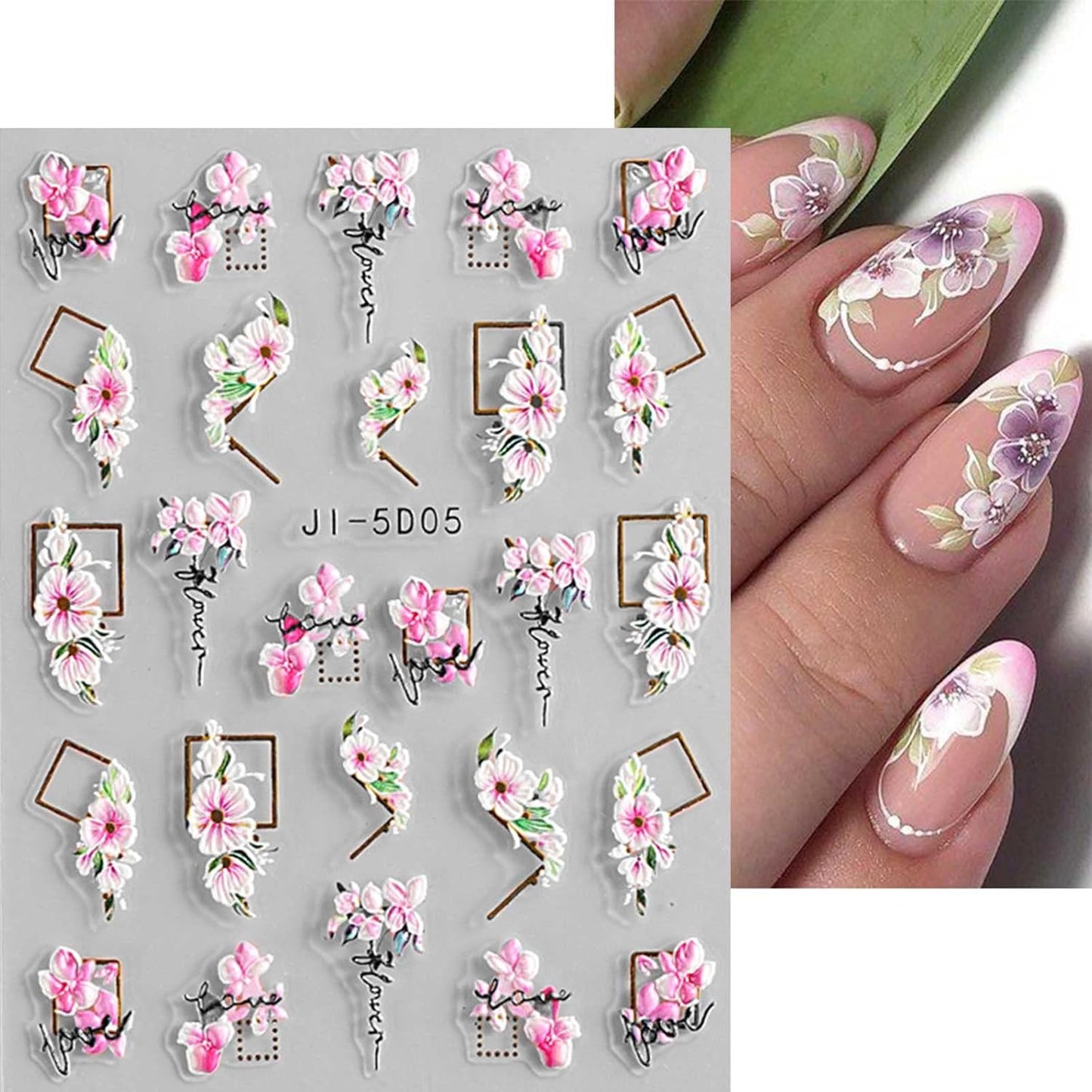 JMEOWIO 3D Embossed Spring Flower Nail Art Stickers Decals Self-Adhesive Pegatinas Uñas 5D Colorful Summer Floral Nail Supplies Nail Art Design Decoration Accessories 4 Sheets