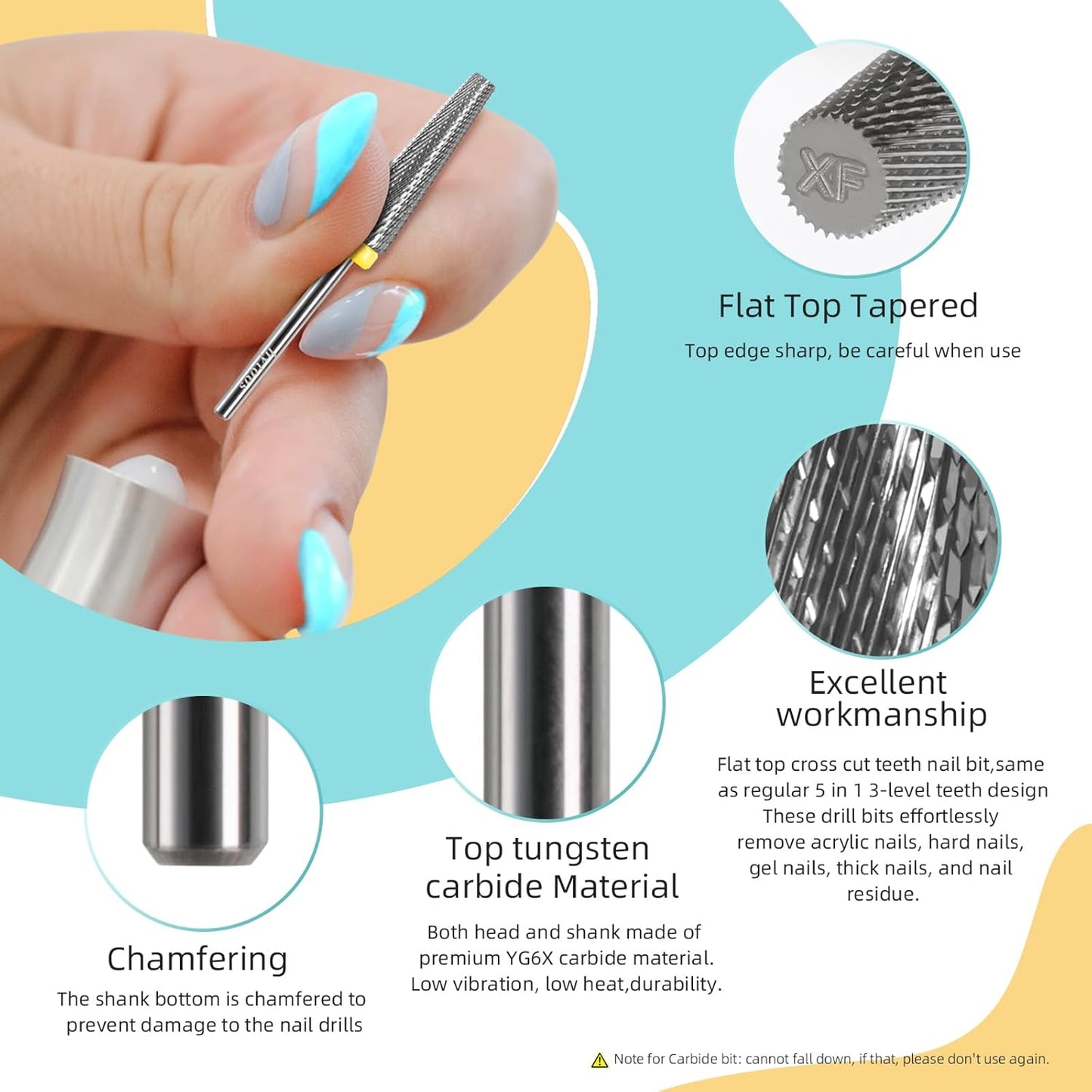 5 in 1 Nail Drill Bits, 24mm Flat Top Tapered Professional Tungsten Carbide Bit for Gel Polish & Base Removal, Electric File Manicure Drills Accessories Tool,XF