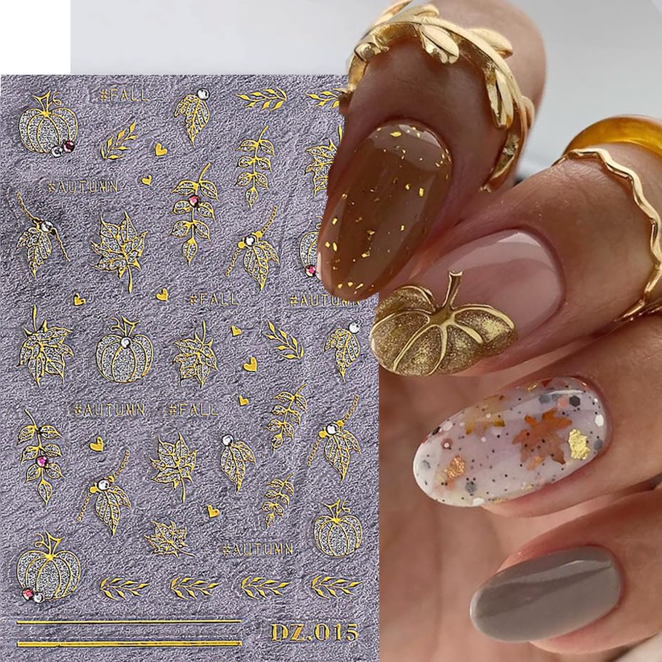 Fall Nail Art Stickers Autumn Pumpkin Maple Leaf Crystal Nail Decals 3PCS Gold Fall Leaf Pumpkin Heart Nail Design Adhesive Stickers Nail Art Supplies for Thanksgiving Day DIY Nail Decoration