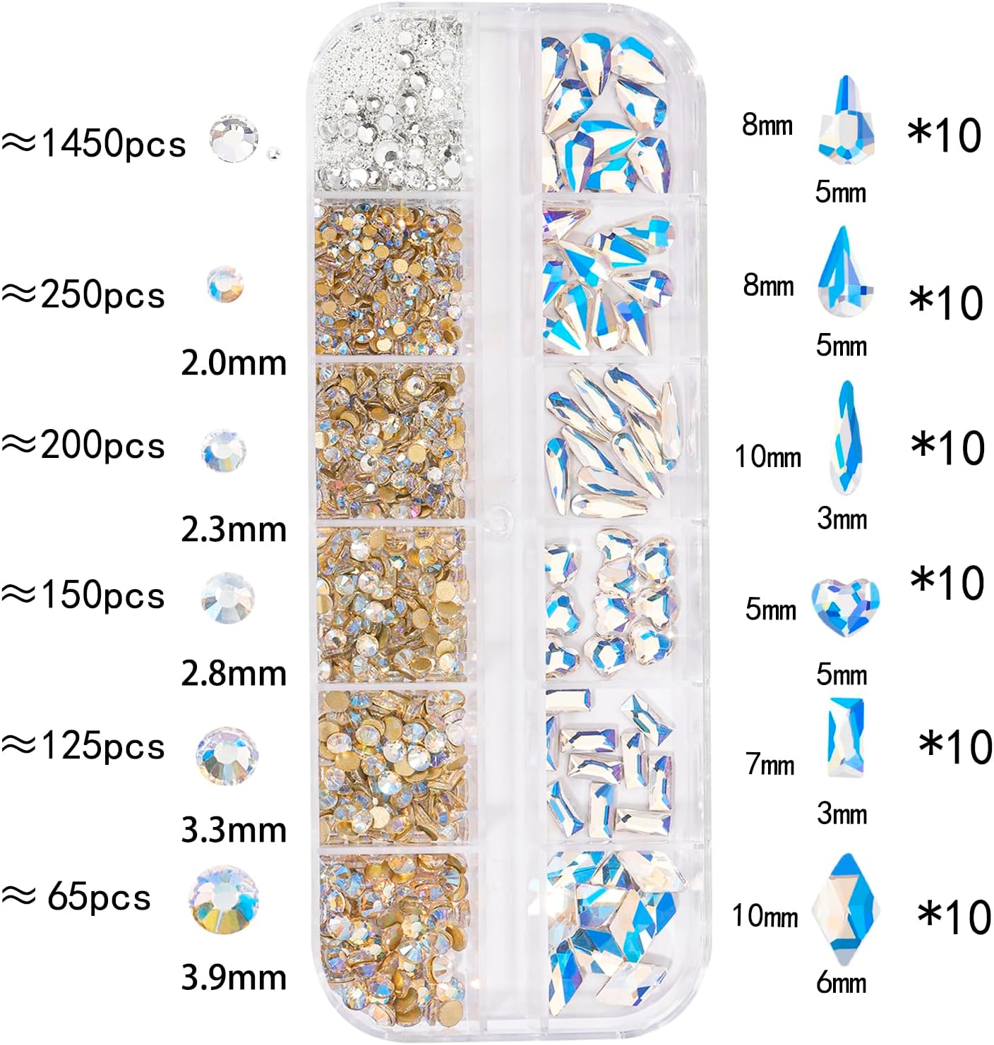 Multi Shapes Blue Moon 3D Glass Crystal Nail Rhinestones Kit Mix 0.8mm Silver Nail Round Beads Charm Flatback Gems 5 Grids Flatback Rhinestones Stone Diamond for Manicure Makeup DIY Decoration