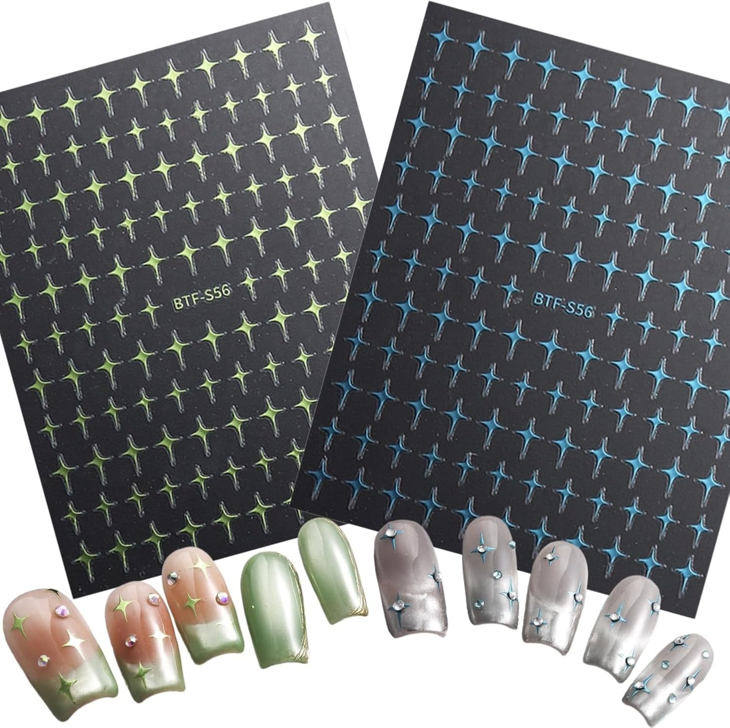 Nail Stickers - Blue Green Star Rhinestone, Minimalist Design, Self-Adhesive for Nail Art A Set of 2 Sheets