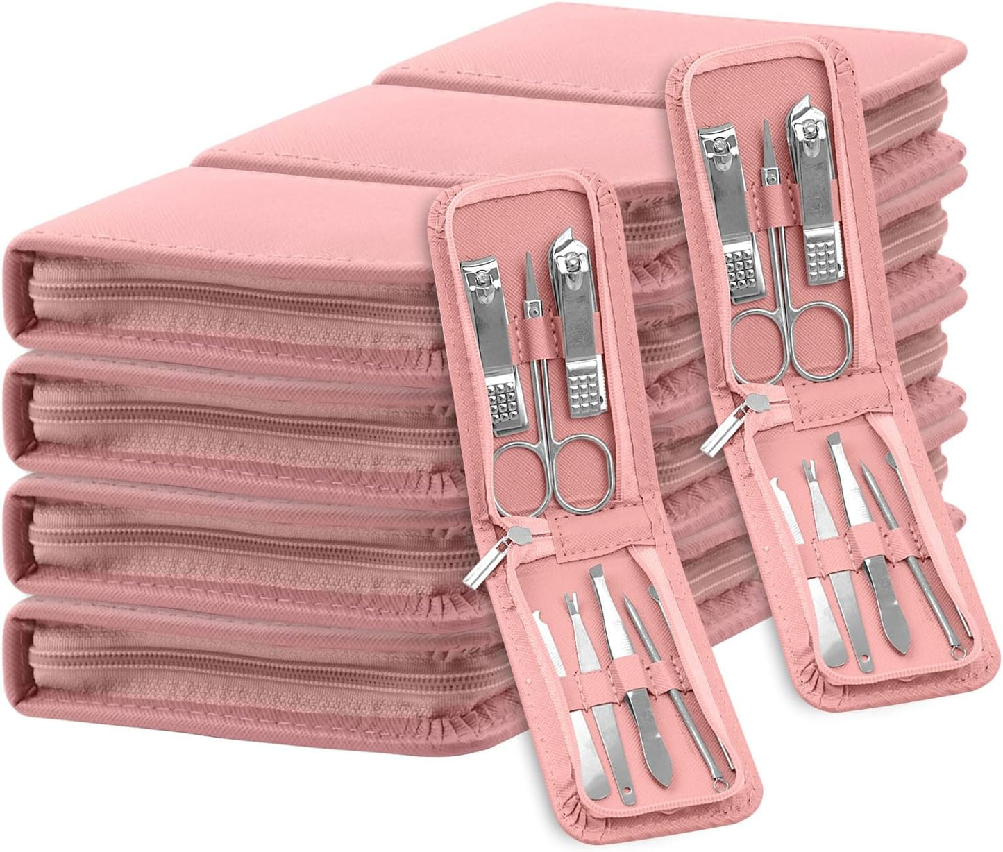 Manicure Set Bulk, Nail Clippers Kit Stainless Steel Fingernail Clippers Set, Sturdy Nail Tip Cutter Trimmers Professional Grooming Toenail Clippers Personal Pedicure Kits 8 in 1 (Pink 12 Pack)