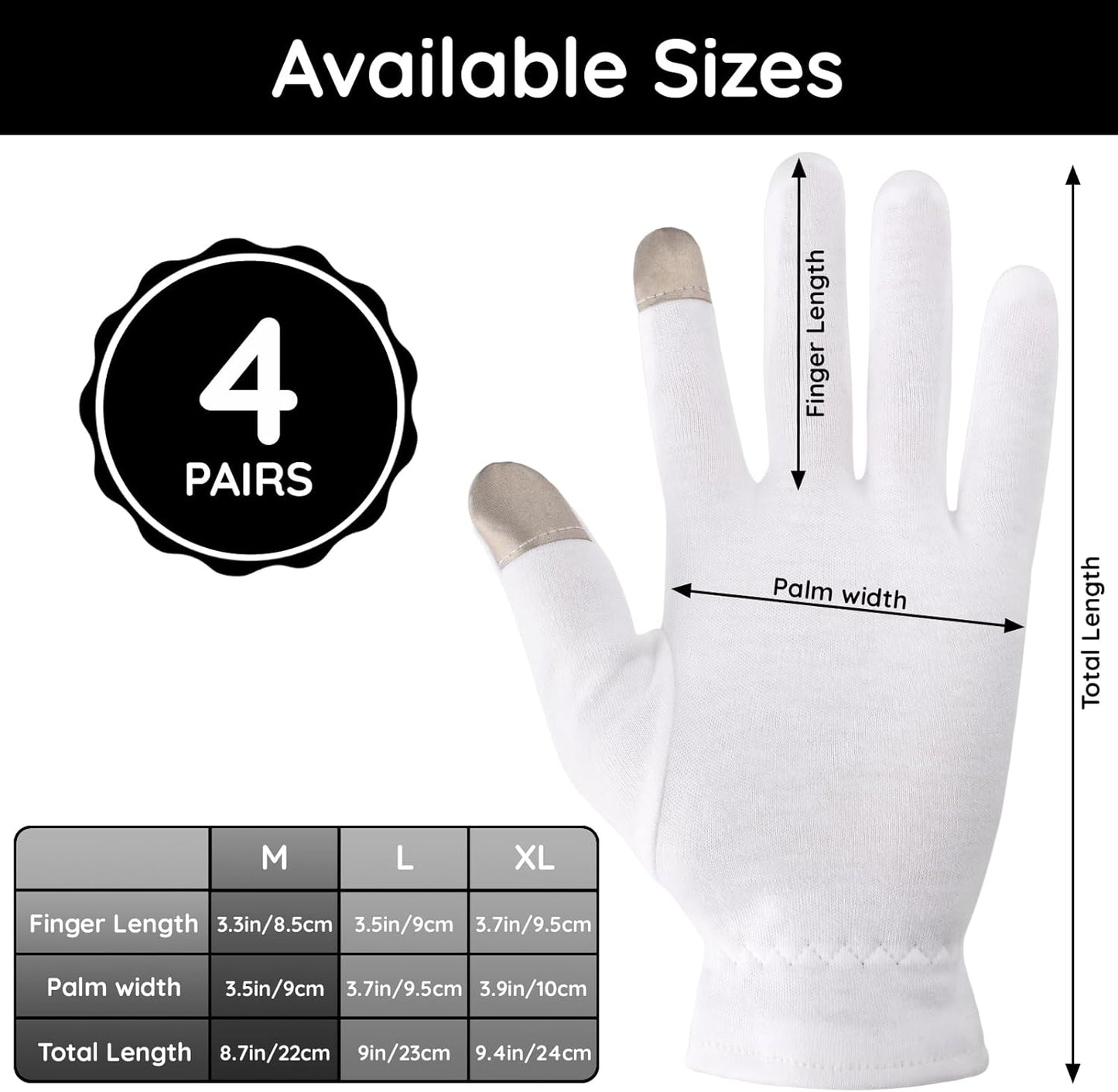 Segbeauty White Cotton Gloves with Touchscreen Fingers, 8pcs Hand Moisturizing Gloves with Elastic Band, 4 Pair Soft Cotton Sleeping Gloves for Dry Hand Overnight, White Gloves for Art Handling Medium