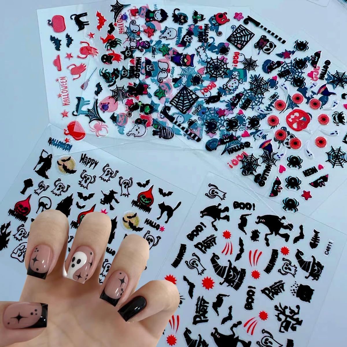 24Pcs/Set Small Halloween Nail Art Sticker, 3D Self-Adhesive Scary Ghost Skull Clown Witch Cat Pumpkin Spider Web Nail Stickers with Design Cute Halloween Nail Decals for Women