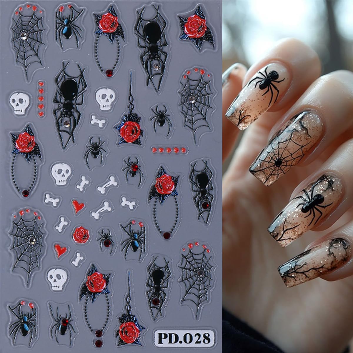 3D Horror Halloween Nail Art Stickers Decals Scary Skeleton Crow Spider Skull Nail Stickers with Spider Web Design Self-Adhesive Red Blue Rose Nail Decals for Women DIY Manicure 4 Sheets