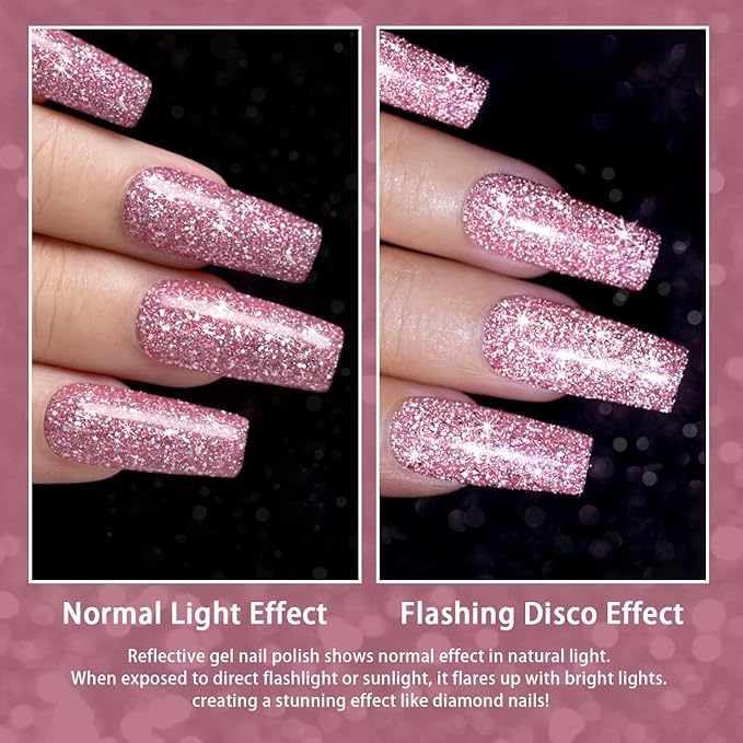 RARJSM Glitter Gel Polish Light Pink Reflective Holographic Gel Nail Polish 7.5ML 1Pcs Iridescent Shimmer L E D U V Soak Off Shining Sparkle Diamond Gel Polish Nail Art Manicure Salon DIY at Home