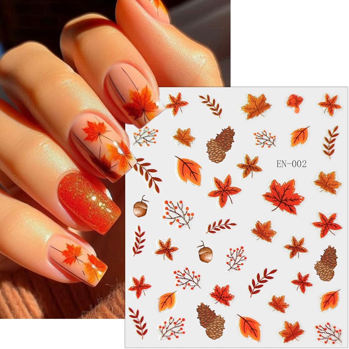 8 Sheets Autumn Maple Leaves Nail Stickers for Thanksgiving Pumpkins, Fall Fruit, Ginkgo Leaf - 3D Self-Adhesive Decals for Women Nail Art Design